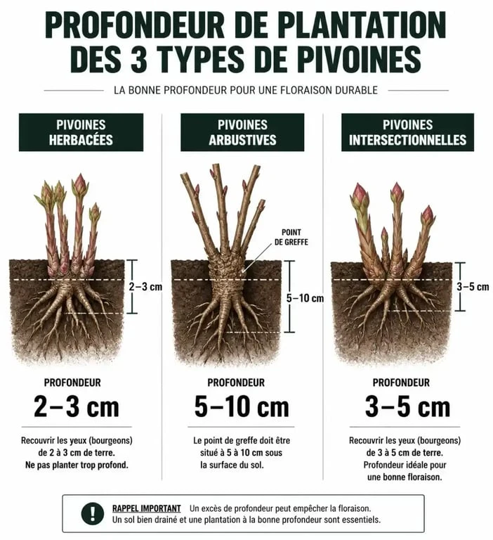 Infographie sur la profondeur de plantation des pivoines herbacées, arbustives et intersectionnelles