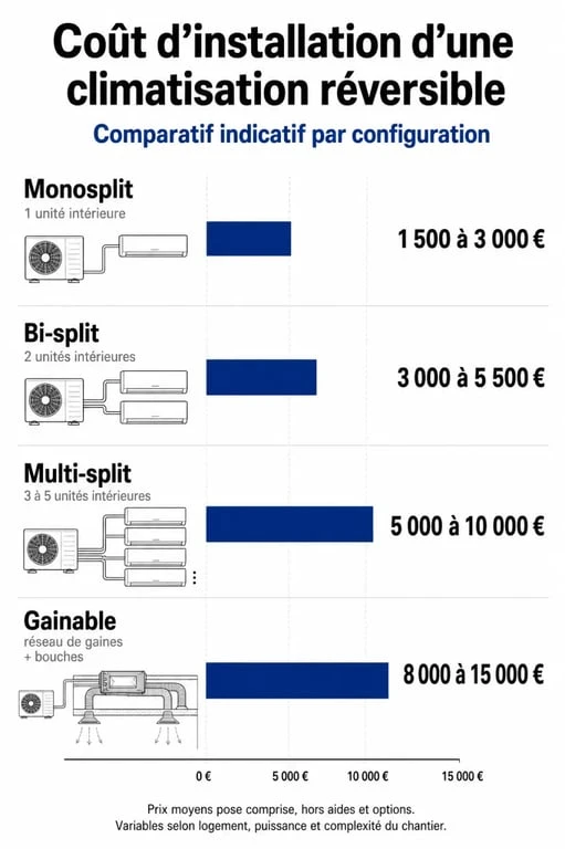 Comparatif des prix d'installation d'une climatisation réversible selon le type de système