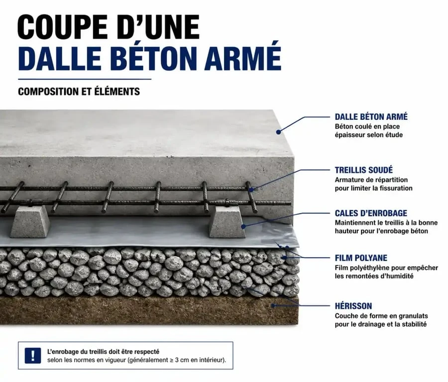 Schéma en coupe d'un ferraillage de dalle béton avec treillis soudé et cales d'enrobage