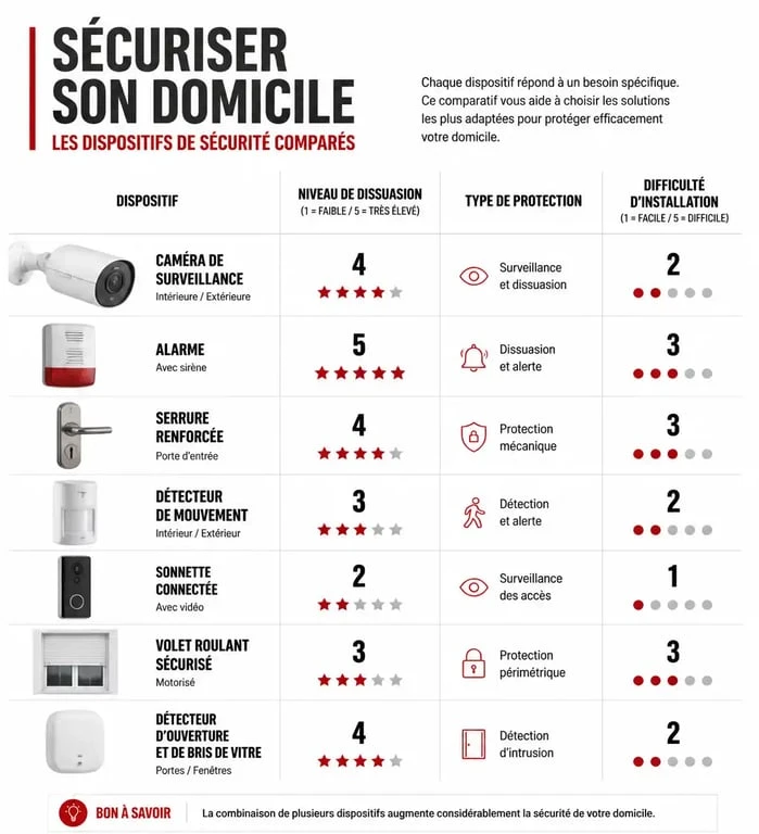 Infographie comparative des équipements de dissuasion contre le cambriolage pour sécuriser son domicile.