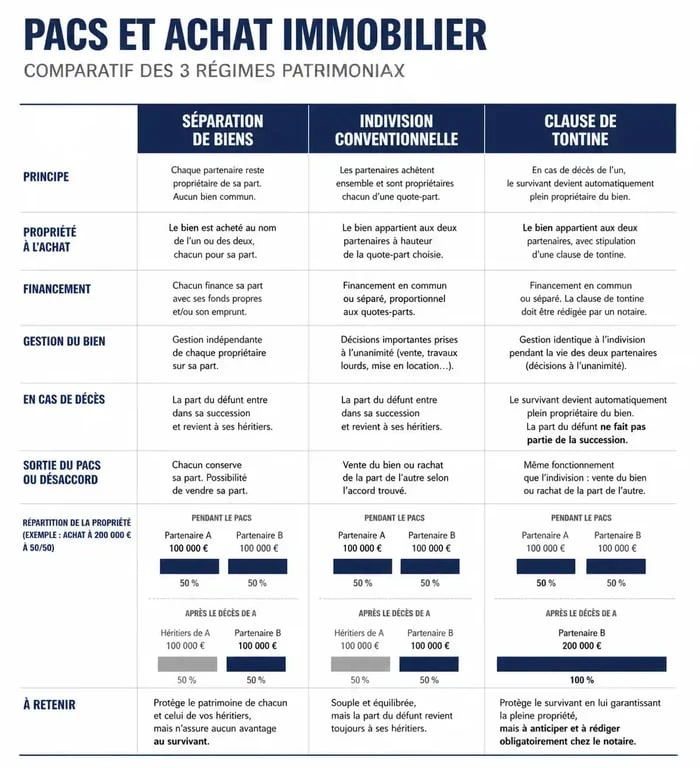 Comparatif des régimes patrimoniaux pour un achat immobilier en PACS : séparation de biens, indivision et tontine