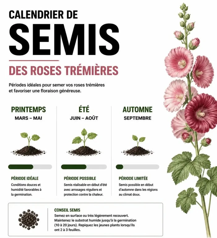 Calendrier de semis des roses trémières : périodes idéales pour semer au printemps, en été et en automne.