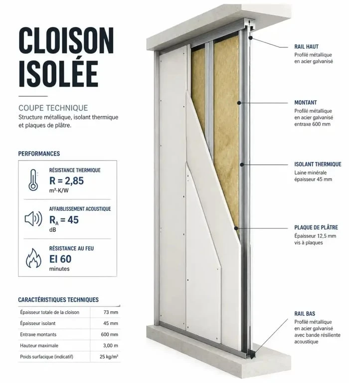 Schéma technique de l'épaisseur d'une isolation placo avec ossature et isolant