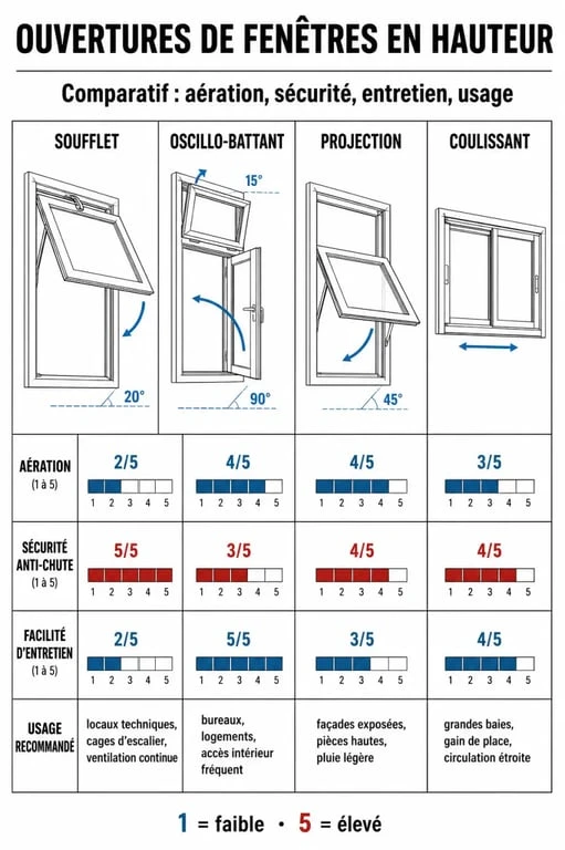 Comparatif des systèmes d'ouverture de fenêtre en hauteur : soufflet, oscillo-battant, projection et coulissant pour une sécurité et une ventilation optimales.
