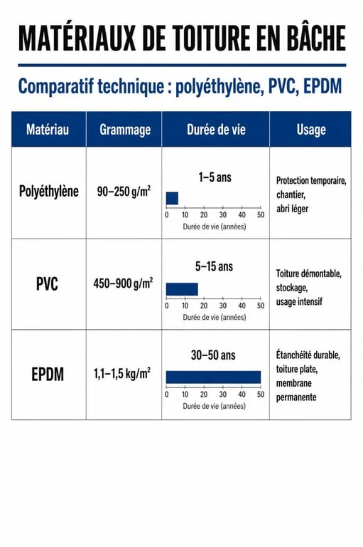 Tableau comparatif des matériaux pour toiture en bâche : PEHD, PVC et EPDM