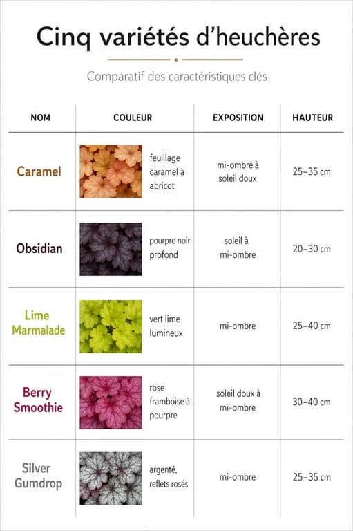 Tableau comparatif des plus belles heuchères pour le jardin : variétés, couleurs et expositions