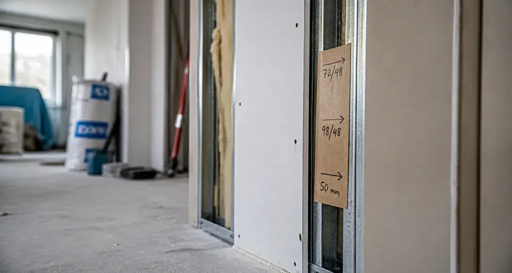 Repères d’epaisseur cloison placo : 72, 98 et 50 mm sur mur en ossature placo