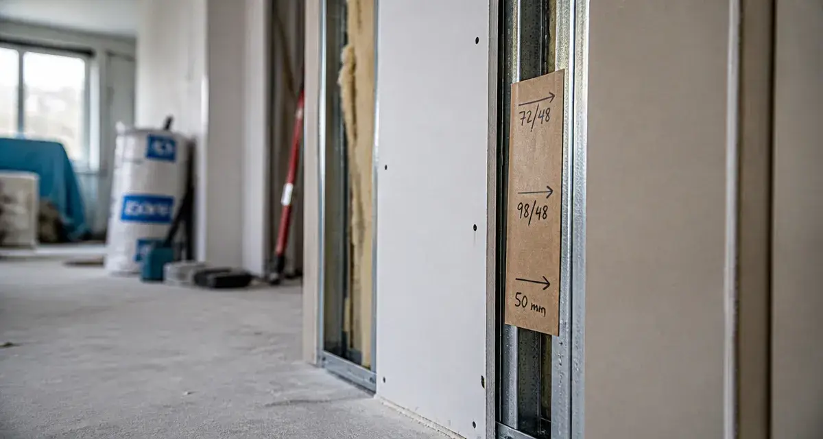 Repères d’epaisseur cloison placo : 72, 98 et 50 mm sur mur en ossature placo