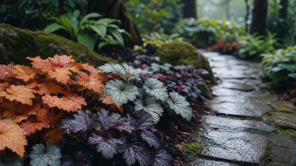Les plus belles heuchères en jardin d’ombre, tapis de variétés au printemps