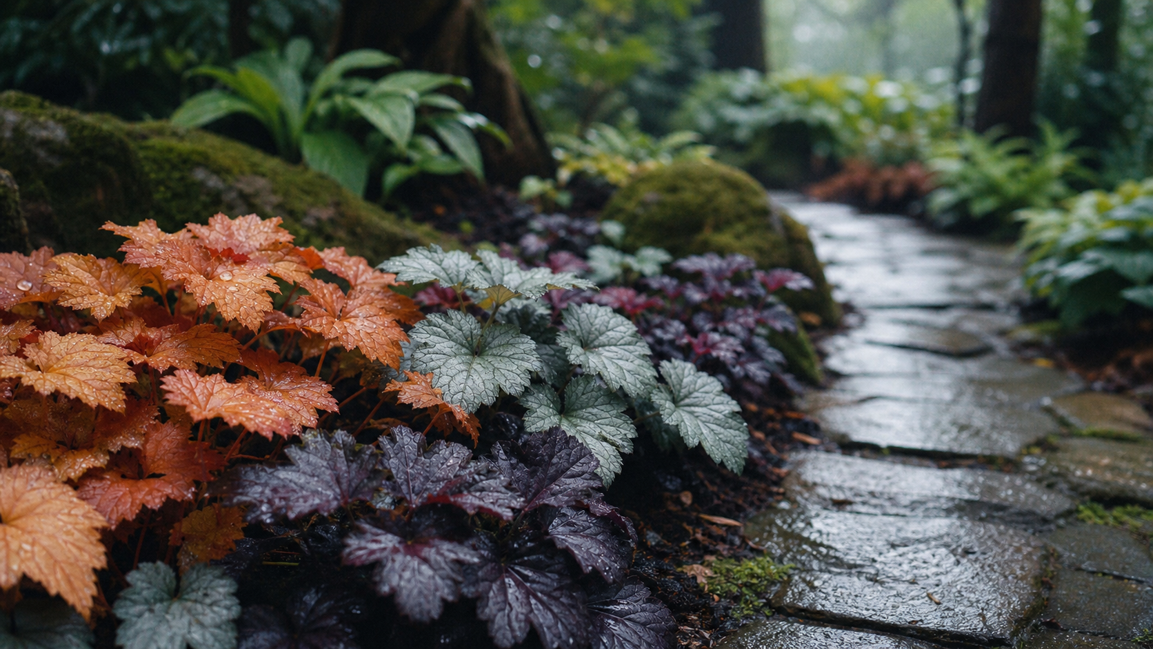 Les plus belles heuchères en jardin d’ombre, tapis de variétés au printemps
