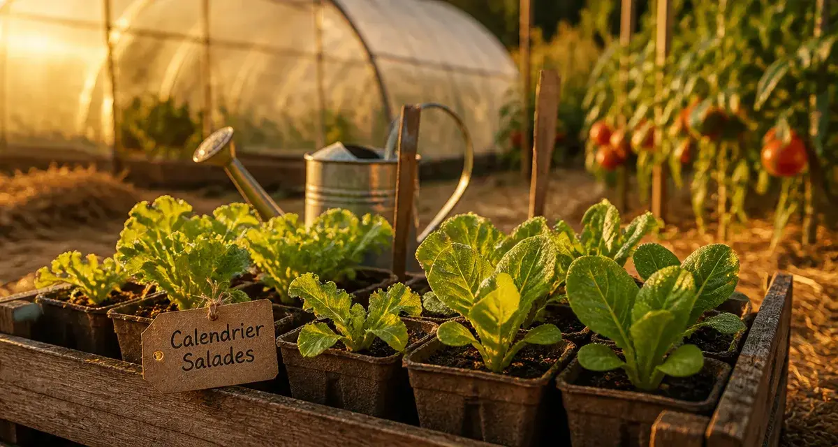 Quand planter des salades : jeunes salades en godets, potager au soleil