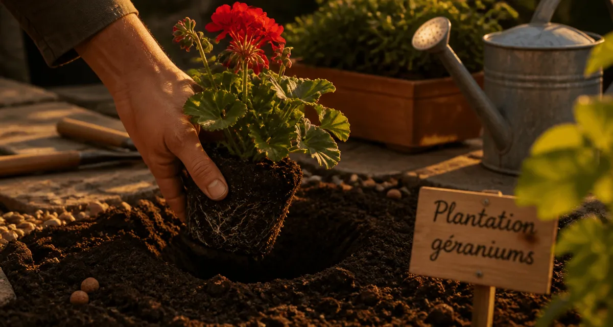 Quand planter geranium : main plantant un pélargonium avant le gel
