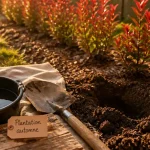 Quand planter photinia en automne : jeune photinia, sol préparé et plantation