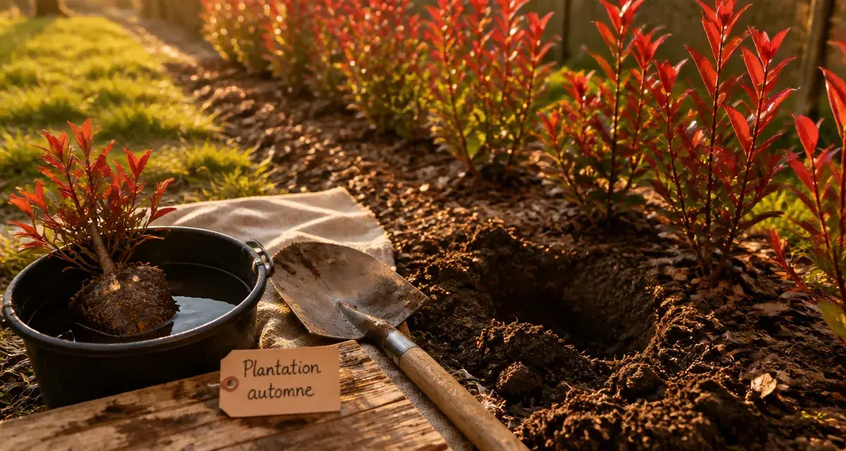 Quand planter photinia en automne : jeune photinia, sol préparé et plantation