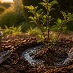 Quand planter un hibiscus en pleine terre : jeune hibiscus en terre, motte et sol humide