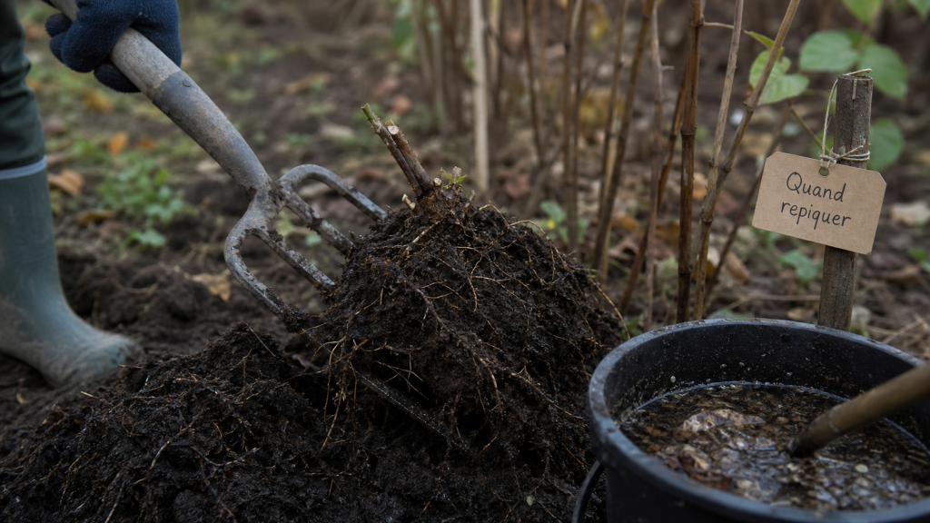 Quand repiquer des framboisiers : fourche-bêche et rejet en terre