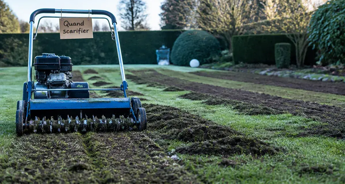 Quand scarifier pelouse : scarificateur sur gazon, mousse retirée