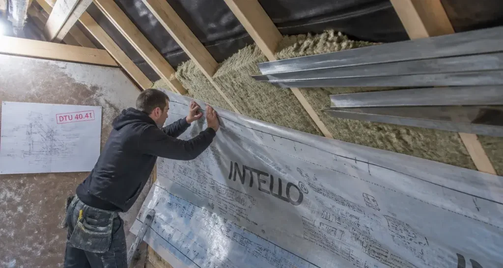 Toiture zinc isolation : membrane pare-vapeur posée en combles, entre chevrons et laine de roche