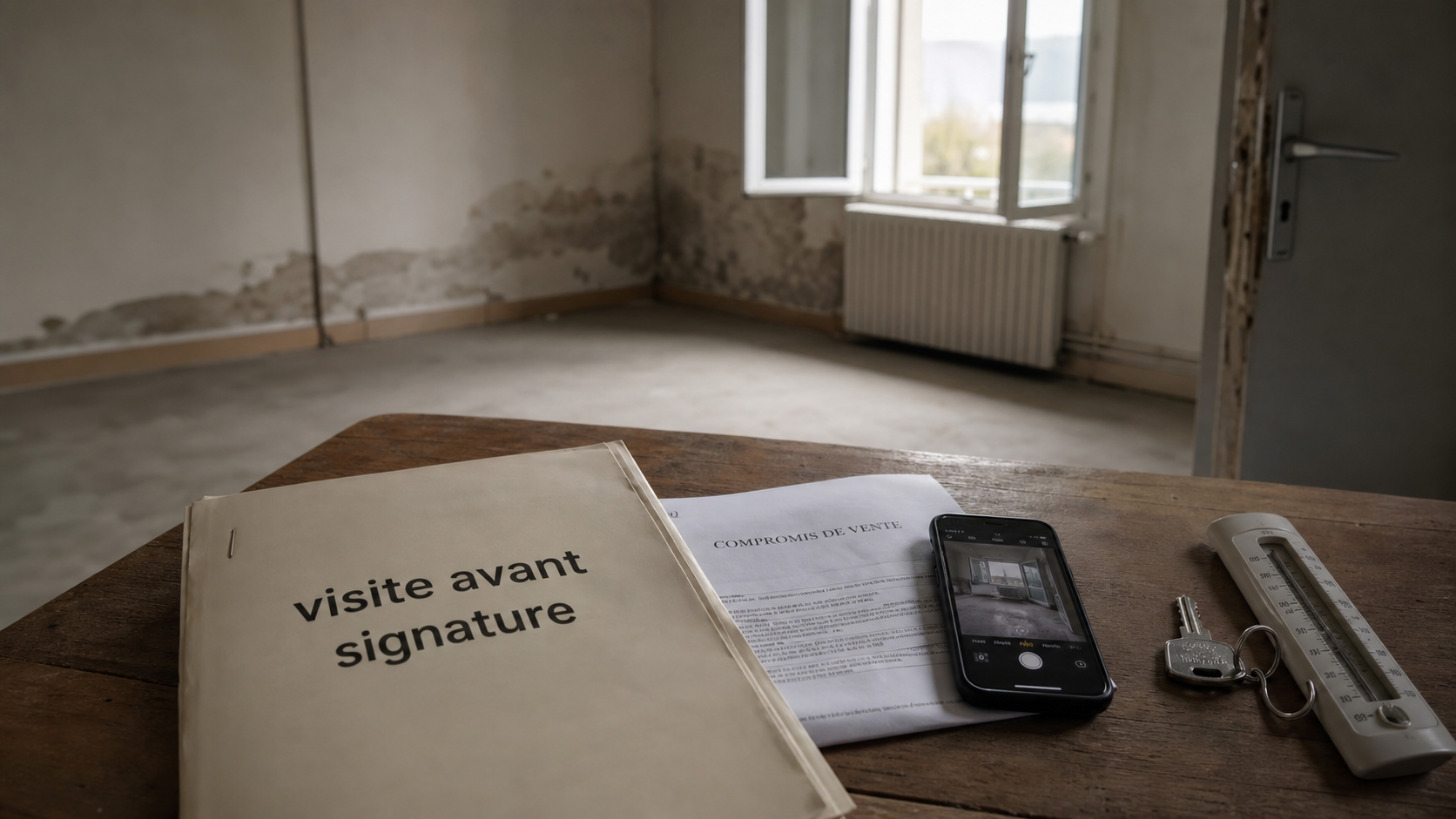 Visite avant signature notaire : documents et vérifications sur logement avec compteurs