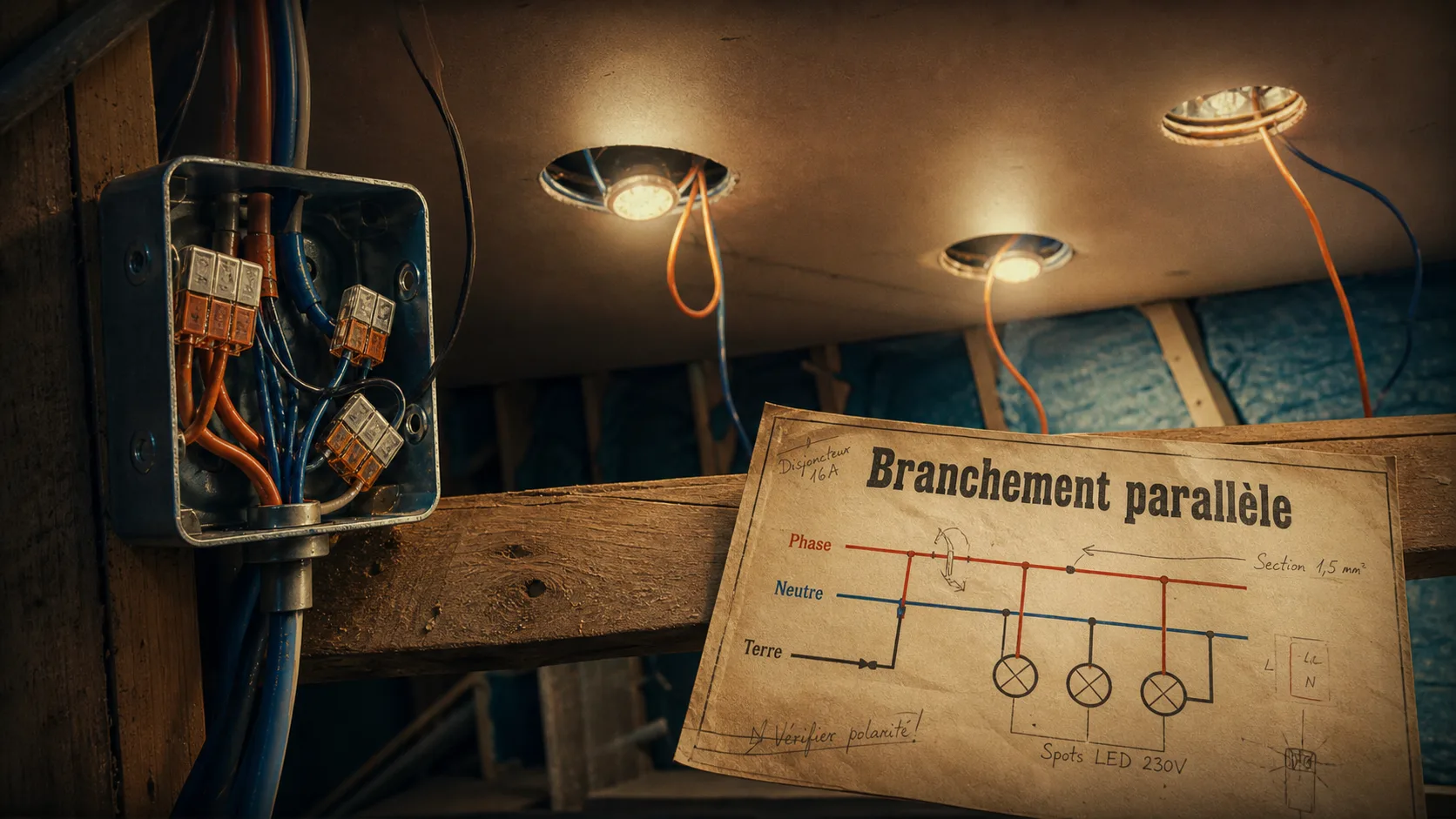 Branchement spot en parallèle : dominos et câbles au plafond