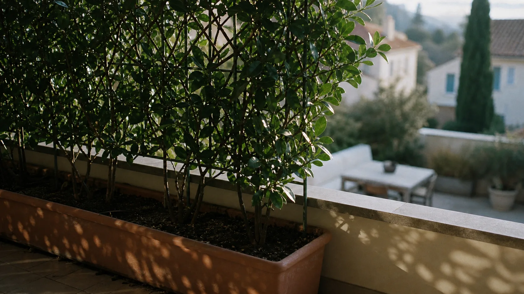Brise vue plante persistante sur balcon, feuilles épaisses et treillis