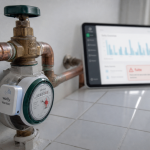 Compteur d eau connecté détectant une fuite, alerte sur tablette
