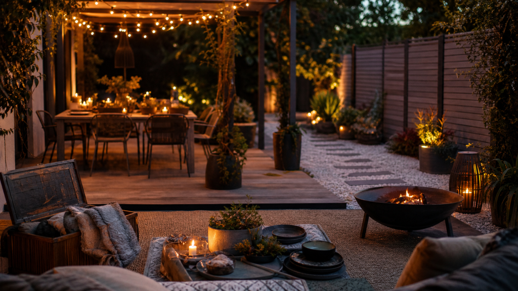 Déco jardin extérieur : terrasse chaleureuse avec brasero et guirlandes