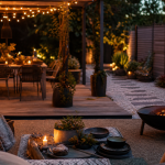 Déco jardin extérieur : terrasse chaleureuse avec brasero et guirlandes