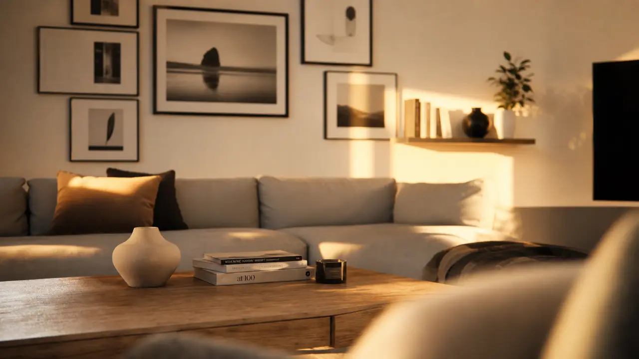 Décorer mur blanc : galerie minimal au salon, cadres noirs et affiche.