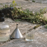 Dosage désherbant vinaigre sel liquide vaisselle : pulvérisateur et verre doseur près des mauvaises herbes