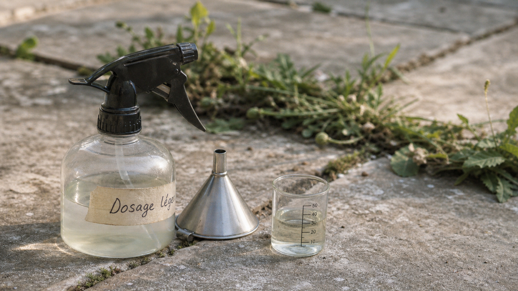 Dosage désherbant vinaigre sel liquide vaisselle : pulvérisateur et verre doseur près des mauvaises herbes