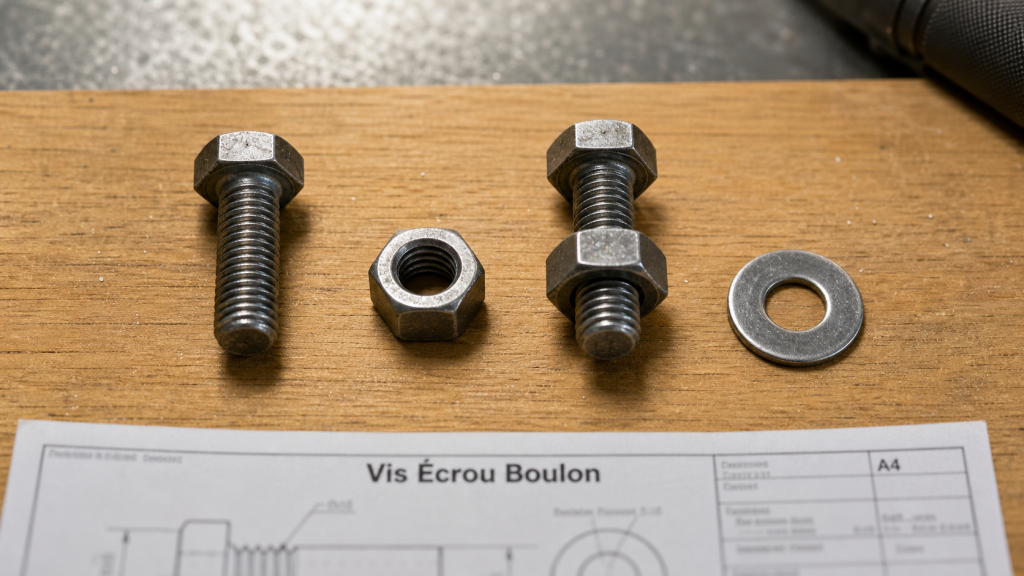 Ecrou vis boulon, diamètre et filetage, rondelle plate