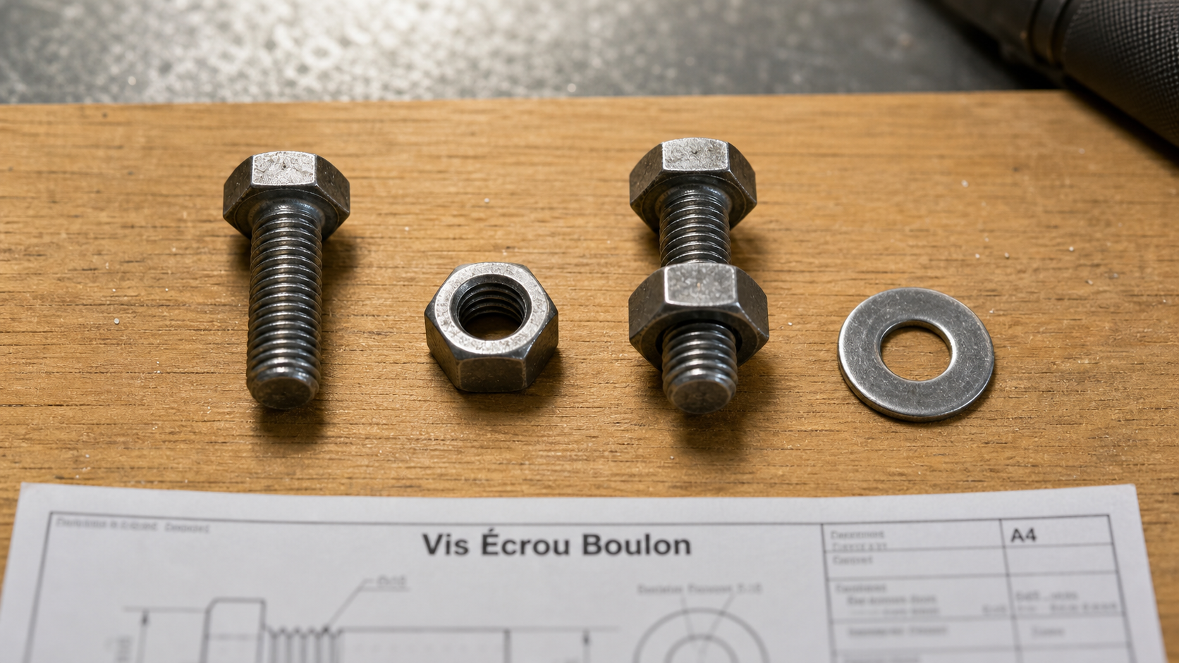 Ecrou vis boulon, diamètre et filetage, rondelle plate