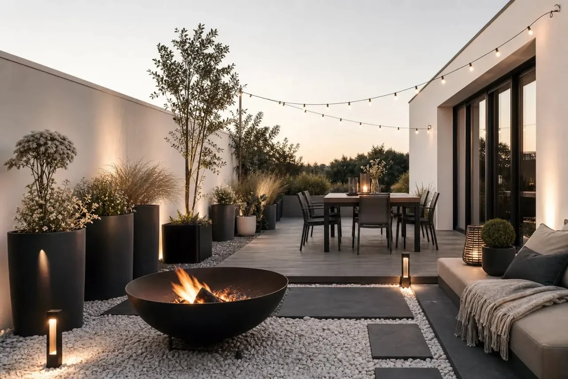 Déco jardin extérieur inspirante avec terrasse lumineuse, pots, graviers, brasero et coin repas