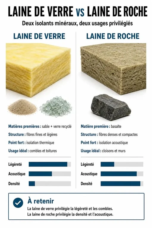 Comparatif laine de roche et laine de verre : différences de composition et usages recommandés pour l'isolation thermique et acoustique.