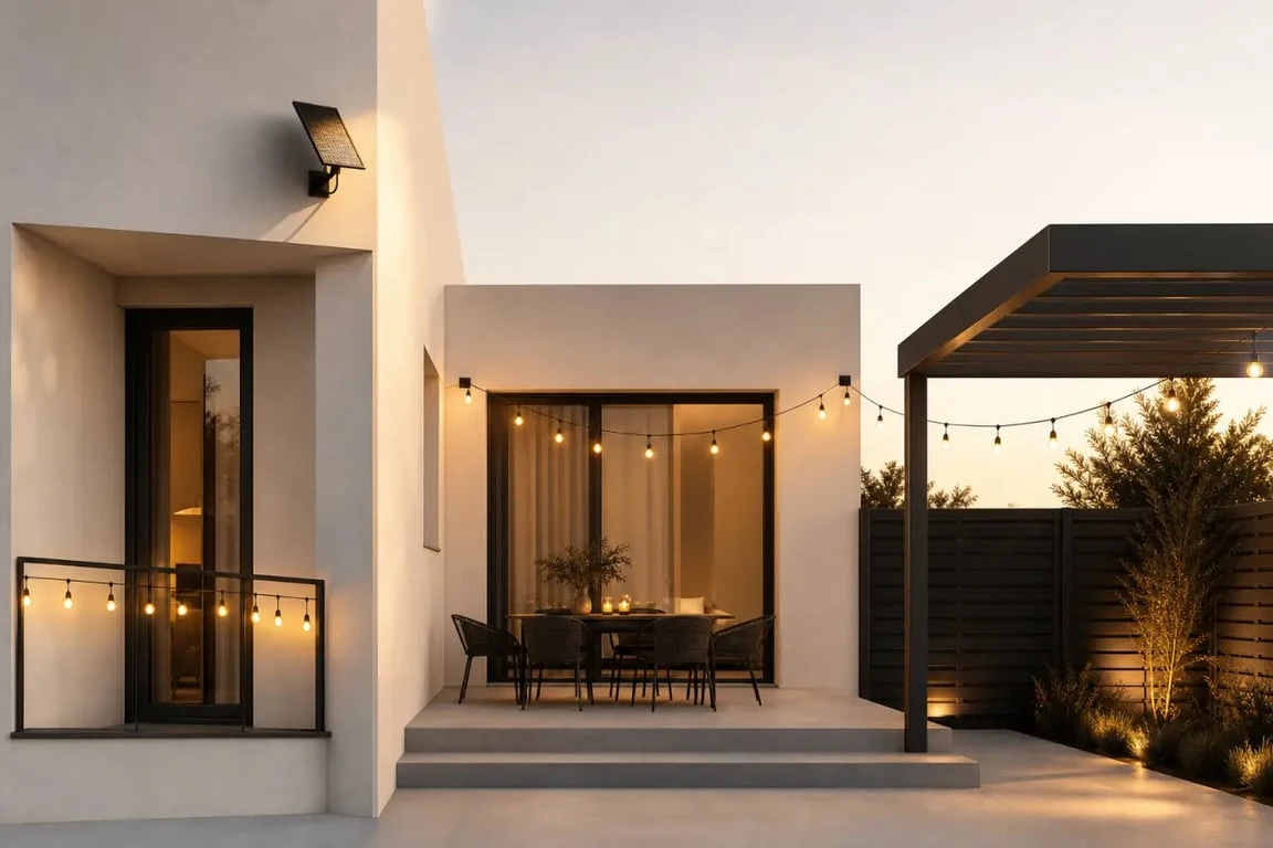 Guirlandes solaires extérieures sur balcon, terrasse, pergola et jardin au crépuscule