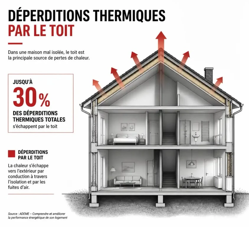 Schéma des déperditions thermiques par le toit pour l'isolation du grenier