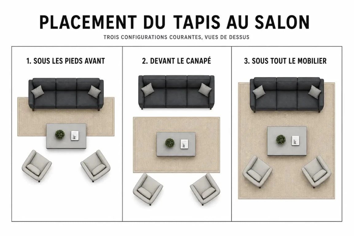 Schéma des 3 positions idéales pour un tapis dans un salon