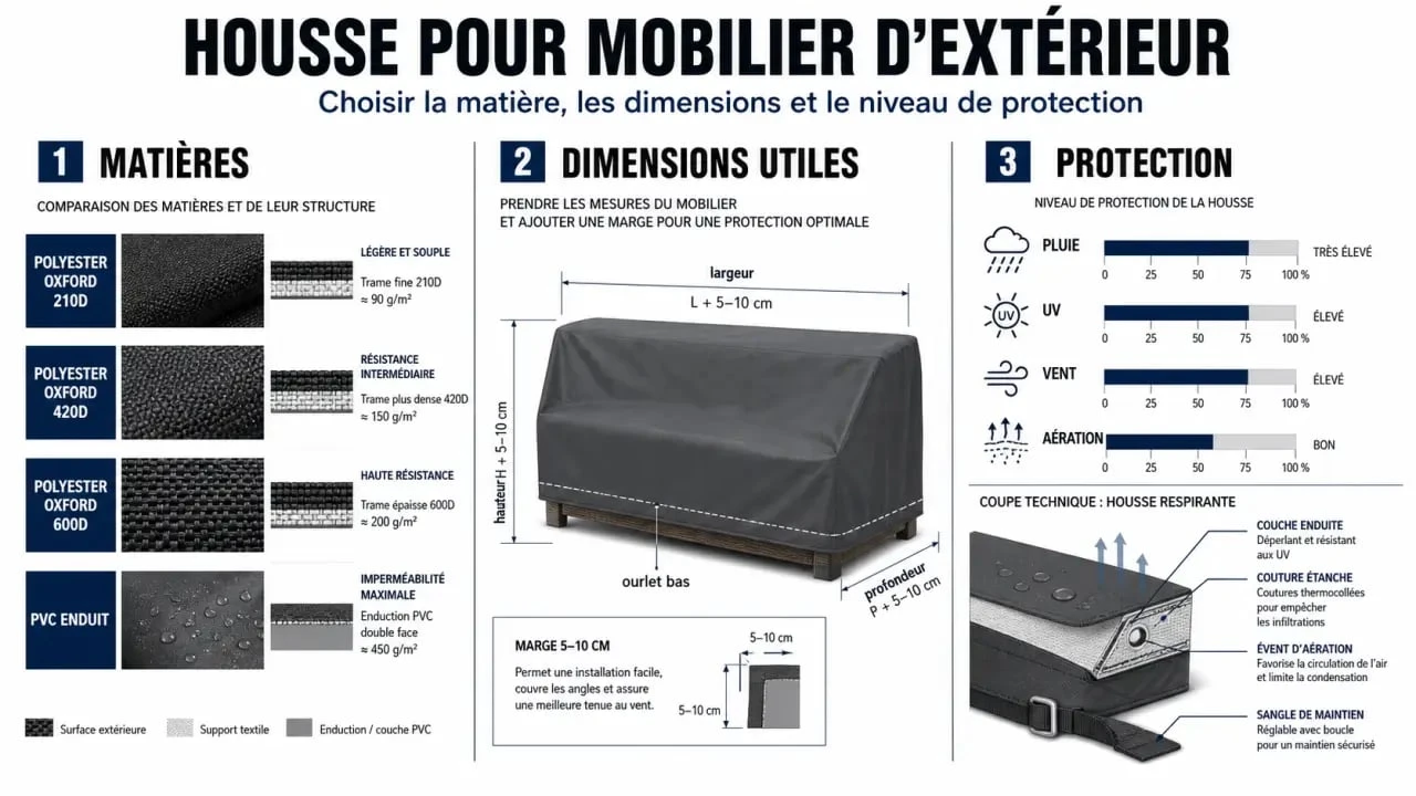 Housse pour mobilier de jardin : illustration éditoriale comparant les matières, les dimensions et les fixations