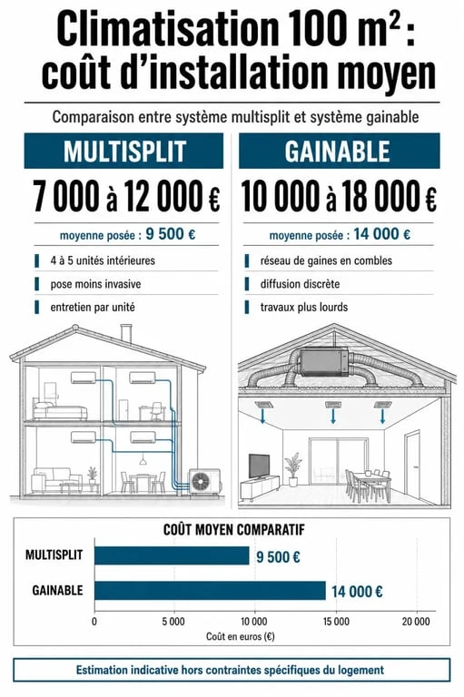 Infographie des prix de climatisation pour maison de 100m2 selon le type de système