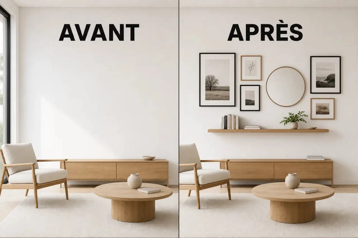 Décorer mur blanc dans un salon contemporain avec une vue avant/après