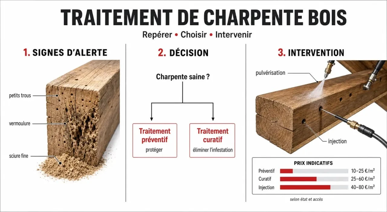 Traitement charpente bois : signes d’attaque, méthodes préventive et curative, et repères de prix
