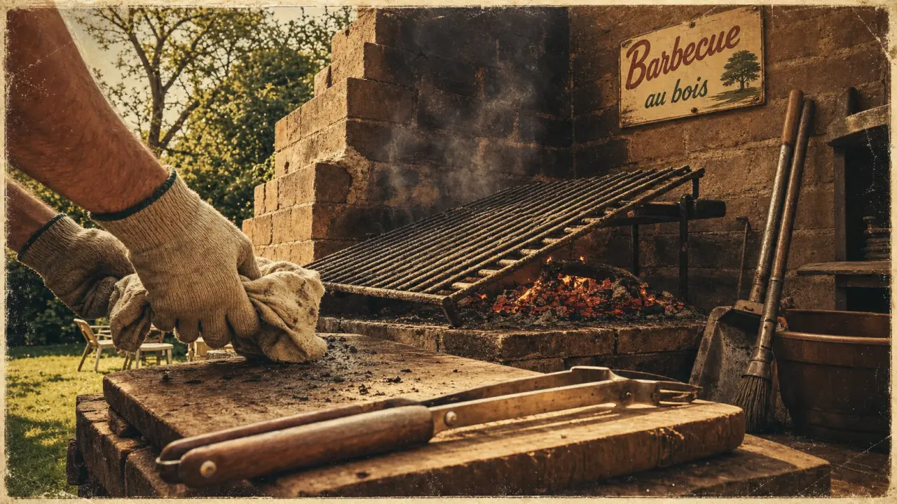 Faire un barbecue maison : grille sur braises rouges et fumée légère