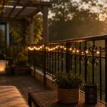 Guirlandes solaires extérieures IP55 sur balcon au golden hour
