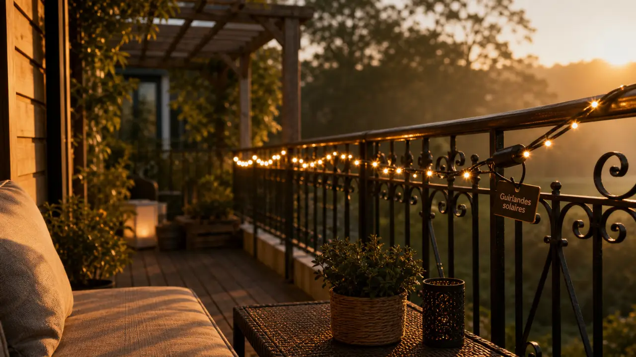 Guirlandes solaires extérieures IP55 sur balcon au golden hour