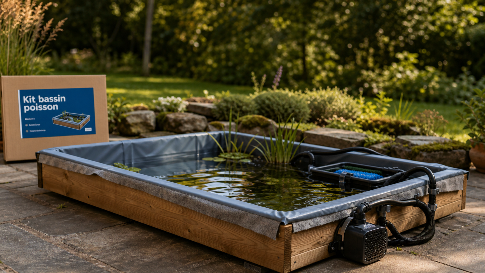 Kit bassin poisson hors sol avec bois, bâche EPDM et filtration