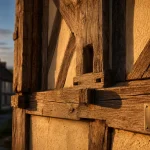 Maison en colombages : façade en bois et torchis, ossature visible