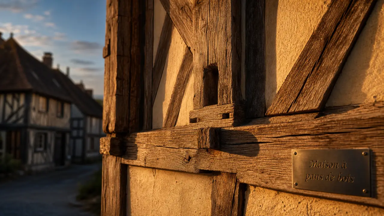 Maison en colombages : façade en bois et torchis, ossature visible