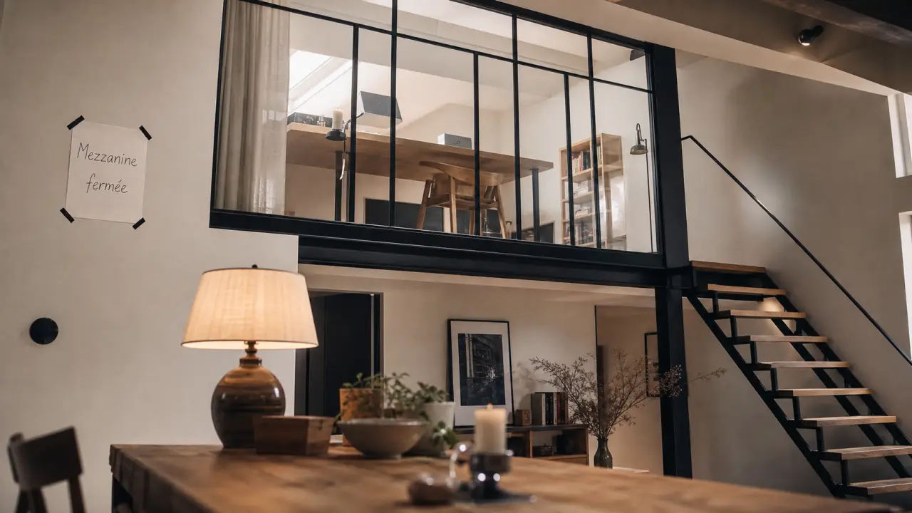 Mezzanine fermée vitrée : vue depuis le séjour, lumière naturelle et escalier