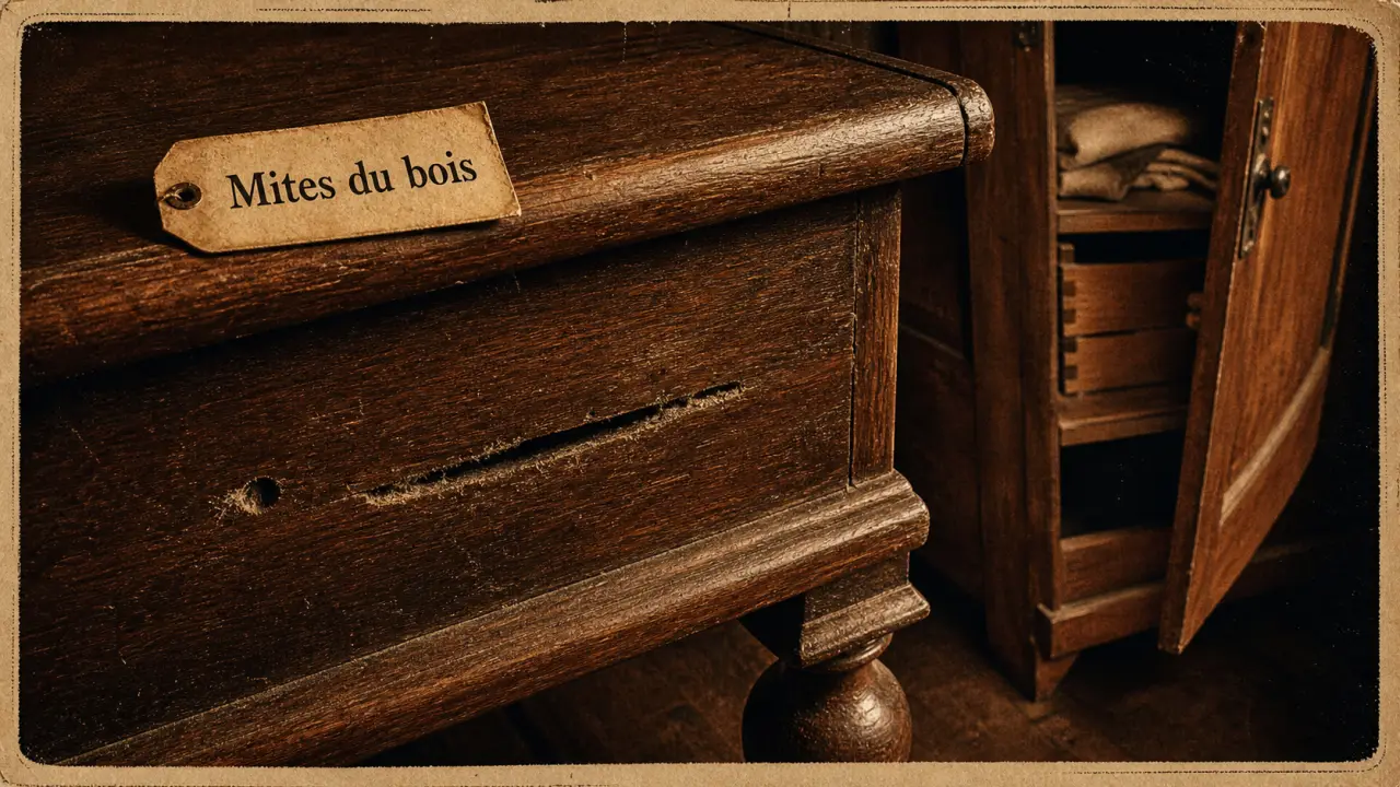Mites bois meuble : trou et sciure fine sur le bois